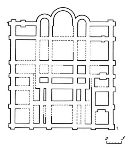 Киев. Десятинная церковь, 989-996 гг. План (по М К. Каргеру) и реконструкция Н. В, Холостенко