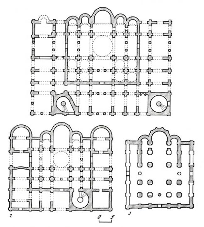 Планы Софийских соборов 1 - в Киеве, 1037-1040-е годы. 2 - в Новгороде, 1045 - 1050 гг., 3 - в Полоцке, серед. XI в.