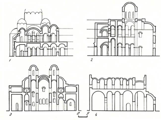  2 - продольный разрез по центральному нефу, 3 - разрез по малому восточному нефу, 4 - разрез по южной галерее